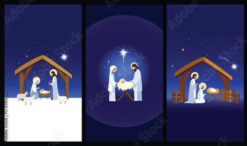 Three vertical Nativity scenes — Set of three vertical Nativity scenes with Mary, Joseph, and Baby Jesus. Modern Christmas vector art perfect for mobile wallpapers and holiday designs.