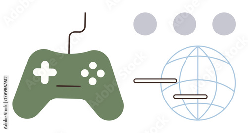 Green gaming controller with wired connection next to a globe grid and three circles. Ideal for gaming, technology, connectivity, entertainment, esports, innovation, virtual interaction. Simple flat