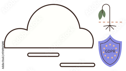 Cloud outline connected with GDPR shield and small plant, symbolizing data protection, privacy policies, sustainability, and compliance. Ideal for cybersecurity, governance, cloud security, policy