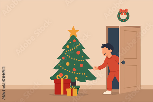 Young Boy in Pajamas Discovering Christmas Tree with Gifts in Modern Flat Style Illustration