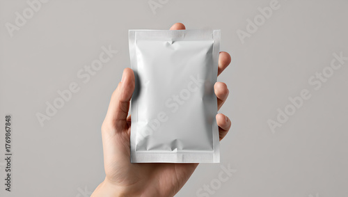 Hand Holding a Small Blank Silver Foil Sachet Packaging