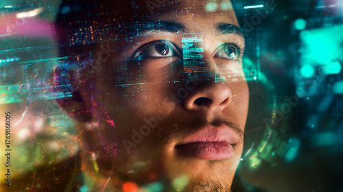 University student using artificial intelligence technology & machine learning. Interactive technology in classroom and office. Digital innovation & smart tech. AI blue hologram	