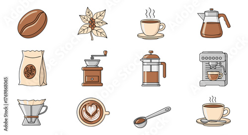 Collection of stylized coffee-related icons, including a coffee bean, coffee plant branch, steaming mug, French press, coffee grinder, espresso machine, pour-over brewer, latte art cup, spoon, and