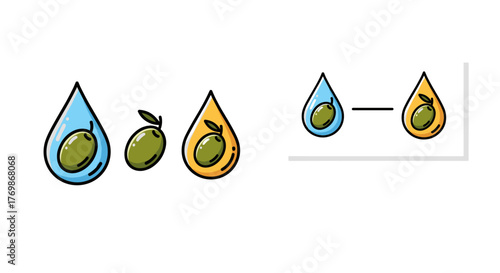 Vivid cartoon illustration of olive oil drops with olives, symbolizing natural ingredients and pure essence. This set includes a blue drop with an olive and a separate olive, and a yellow drop with