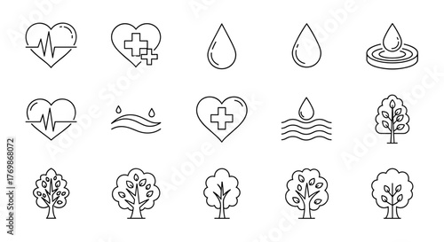 Collection of Editable Stroke Icons Representing Health, Water, and Trees, Drawn with Thin Lines, Ideal for Apps, Articles, Websites, and Social Media Graphics, Offering Versatile Design Elements for