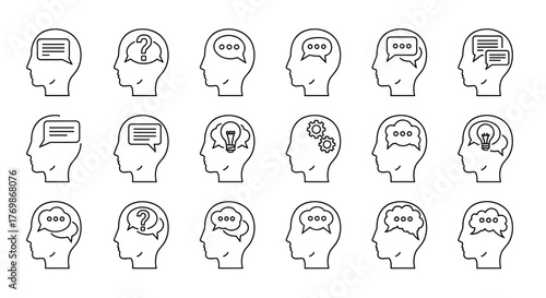 A vibrant and conceptual vector cartoon illustration featuring a thin, white speech bubble icon emerging from the silhouette of a human head against a clean white background, symbolizing ideas