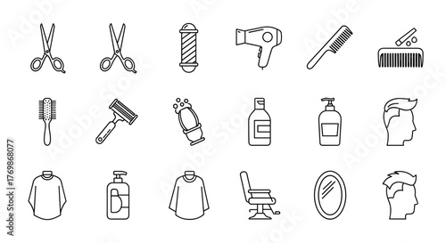 Barbershop Line Icons Collection: A comprehensive set of vector illustrations featuring essential haircut tools like scissors, combs, razors, and hairdryers, alongside barber pole, styling chair