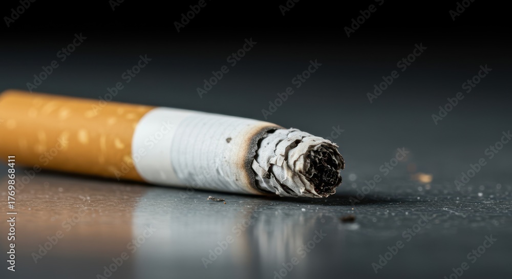 Obraz premium Closeup shot of a discarded tobacco cigarette showing the dark, charred burnt tip and white filter, resting on a dull surface ,warning ,detailed ,gray