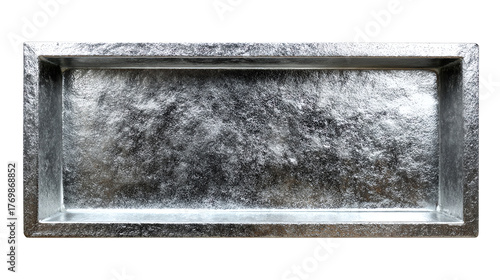 Galvanized Steel Shelf: A rectangular galvanized steel shelf, characterized by its durable, metallic construction and industrial aesthetic.