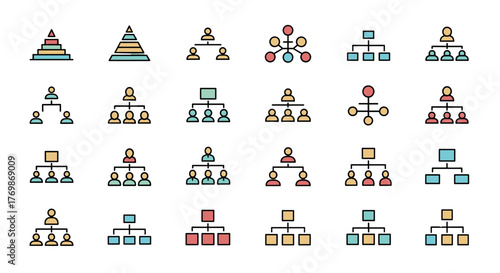 A vibrant collection of minimalistic linear pictograms representing organizational hierarchies, perfect for web design, graphic design, app development, banners, social networks, and cards. These