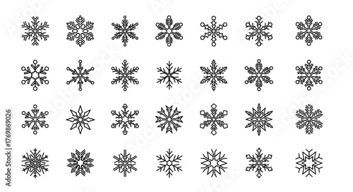 A collection of 24 unique, minimalistic snowflake icons presented on a black background, featuring editable stroke lines and a clean, linear pictogram style perfect for winter-themed designs, holiday