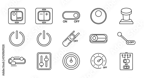 Set of On and Off Switch Related Line Icons, Outline Signs for Graphic and Web Design, Apps, Advertisements, Various Cards, Vector Cartoon Illustration with a White Background. Collection of Simple