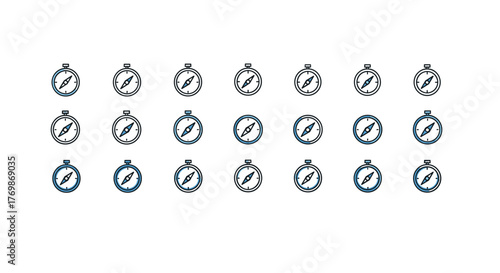 Set of blue compass icons with a minimalist linear pictogram style, perfect for web design, graphic design, apps, banners, social networks, and cards, representing navigation, direction, and