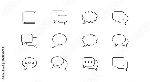 Collection of minimalistic linear speech bubble pictograms for web and graphic design, apps, banners, social networks, and cards. This vector cartoon illustration features various dialogue box