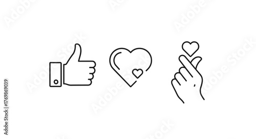 Set of three outline icons representing social media engagement: a thumbs-up gesture for approval, a heart icon symbolizing love and affection, and a hand forming a heart shape, often associated with