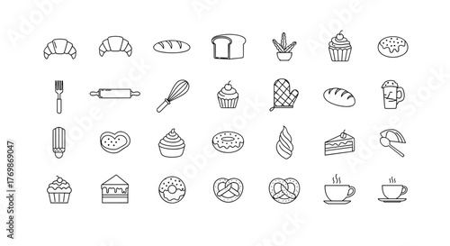 A comprehensive collection of bakery and baking line icons, featuring simple outlines of pastries, bread, and desserts. These versatile symbols are ideal for food menus, website design, and culinary