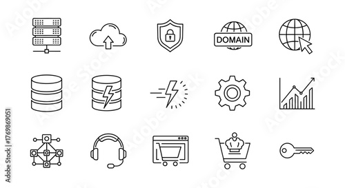 A meticulously curated collection of editable line icons representing web hosting services, presented on a clean white background, ideal for digital design projects and technology-themed