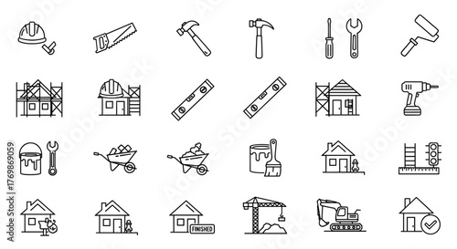 A comprehensive collection of modern, thin-line editable vector icons representing construction, renovation, and building processes, featuring essential tools, equipment, and architectural elements