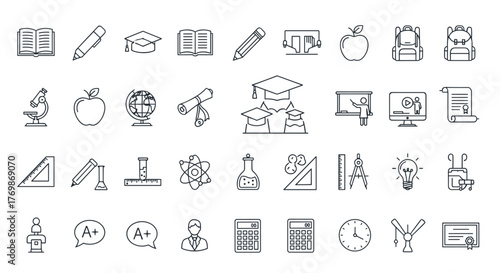 A comprehensive collection of thin outline icons representing education, learning, school, lessons, and online education, perfect for UI design, vector illustrations, and educational materials