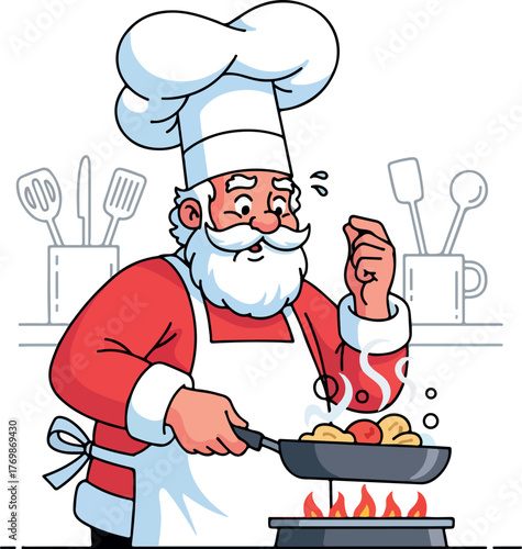 Cartoon Santa Claus dressed as a chef cooking food in a pan.