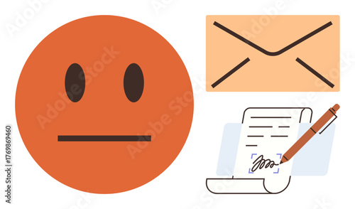 Neutral face icon, envelope, and signed document with pen symbolizing communication, messages, and agreements. Ideal for emotions, correspondence, contracts, business deals negotiation formality