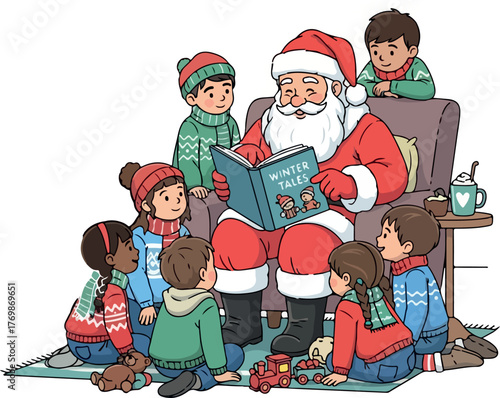 Santa Claus reading a Christmas story book to a group of children.