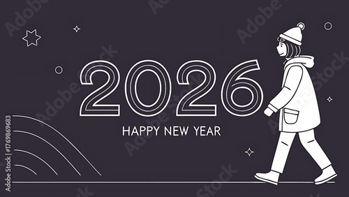 Happy new year illustration with year two thousand twenty six and person in winter clothes walking