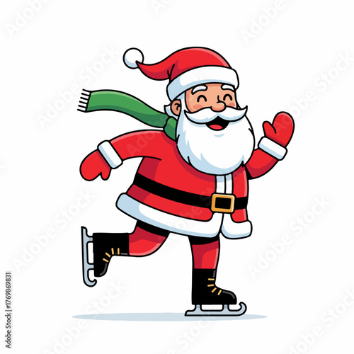 Happy Santa Claus ice skating in winter cartoon illustration.