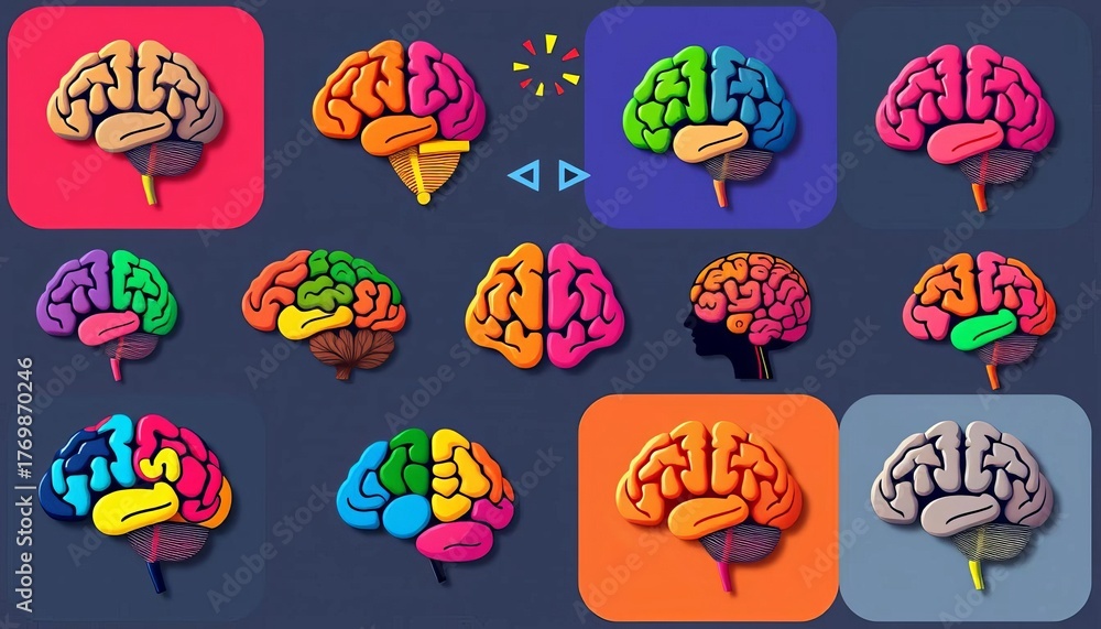 Fototapeta premium Collection of colorful flat-style brain icons, various shapes and designs, organ, artificial intelligence