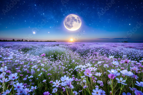 A photograph of a vibrant field blanketed in a sea of purple and white wildflowers under the glow of a full moon