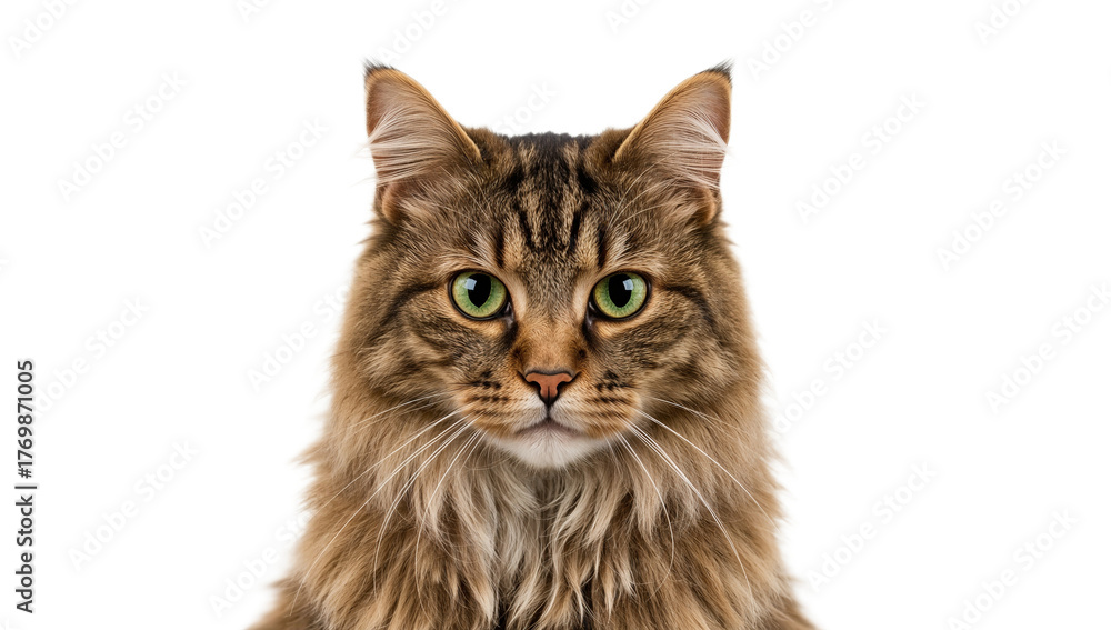 Obraz premium A detailed high-resolution portrait of a domestic long-haired tabby cat with striking green eyes, captured against a clean white background