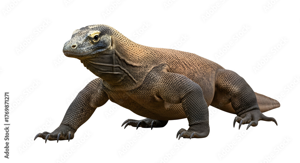 Obraz premium Komodo Dragon: A fearsome Komodo dragon, a reptile of myth, stands proudly in a studio, showcasing its imposing presence, its prehistoric appearance, capturing the spirit of a true predator.