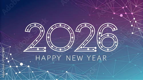 White outlined happy new year greeting for the year two thousand twenty six on blue purple background