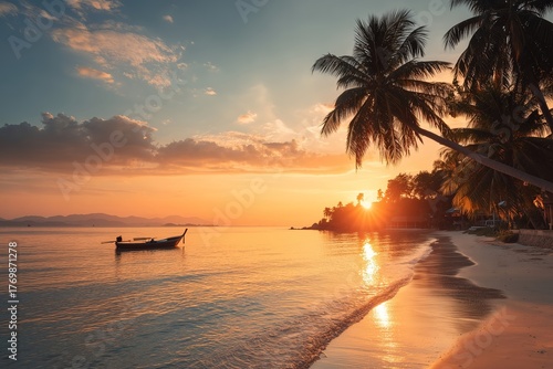 Longtail Boat at Tropical Sunset Beach with Palm Trees in Thailand