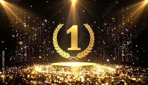 Number One Gold Stage Background with Laurels and Glitter　黒背景に、優勝・No.1の金色の月桂冠の浮かぶステージ　デジタルイラスト