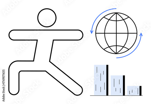 Stick figure performs yoga pose beside spinning globe and descending bar chart. Ideal for wellness, sustainability, global economy, progress, mindfulness, exercise, and growth. Simple flat metaphor