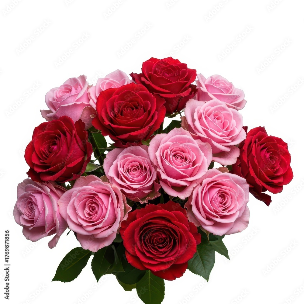 Obraz premium Elegant, fresh arrangement of vibrant pink and red roses forming a stunning bouquet, completely isolated on a pure white background ,pure ,wedding ,white