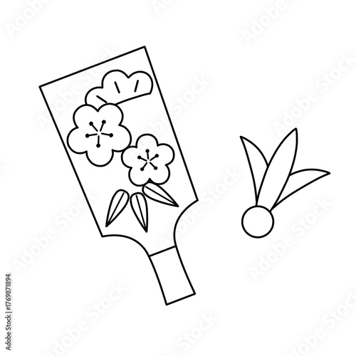 Line Drawing of Japanese New Year Hanetsuki Battledore and Shuttlecock