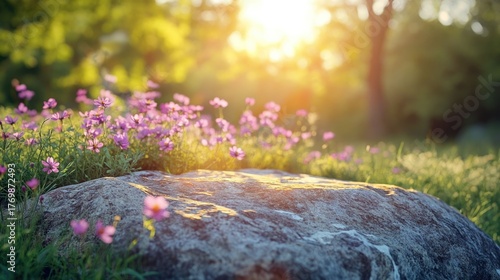 Smooth natural stone countertop or surface with a bright sunny meadow and scattered colorful wildflowers in the background  Vibrant organic and serene nature concept