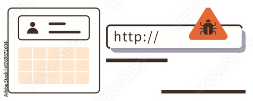 Online login form next to a browser URL with a malware alert icon. Ideal for cybersecurity, data protection, internet safety, phishing, IT support, privacy breaches, simple flat metaphor