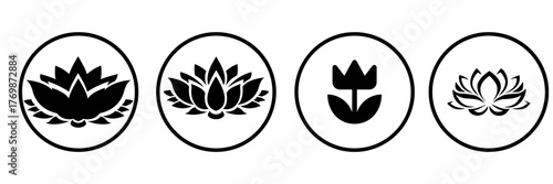 Four circular icons featuring botanical silhouettes of olive branches lotus rose and tulip isolated on transparent background silhouette