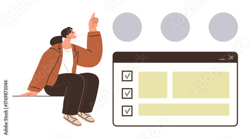 Woman sitting and pointing upward at ideas, next to a task checklist interface. Ideal for productivity, planning, decision-making, brainstorming, organization, goal-setting teamwork. Simple flat