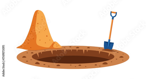 Illustration of a circular hole in the ground with a pile of dirt next to it and a shovel standing upright.