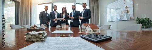A group of businesspeople signs documents with a miniature house model and money on the table. Concept of real estate investment, property transaction, or financial agreement.