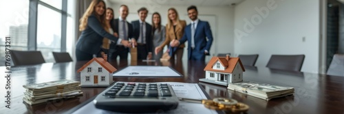 Businesspeople shake hands over a table with money, a calculator, and a miniature house model. Concept of real estate investment, financial agreement, or property transaction is illustrated.