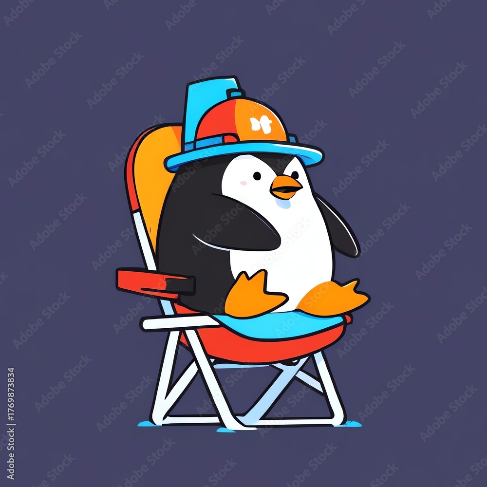 Obraz premium A cartoon penguin wearing a hard hat sits in a beach chair