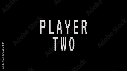 A vintage pixel art PLAYER TWO message flickers, ready for the next player to begin. 4K video text animation for vintage arcade game intro.