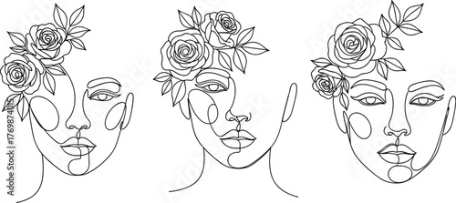 Abstract Faces with Roses and Leaves, Minimalist Line Art Blending Human Expression and Botanical Beauty in Modern Symmetrical Design