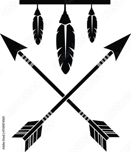 Crossed Arrows with Hanging Feathers. Monochrome Tribal-Inspired Symbol Representing Direction, Unity, Strength, and Cultural Heritage in Stylized Form