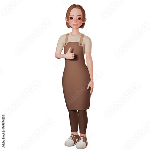 3D Render of beautiful barista cartoon in brown wears. Showing thumbs up gesture with left hand, advertising, presentations, UIUX design, promotional materials.